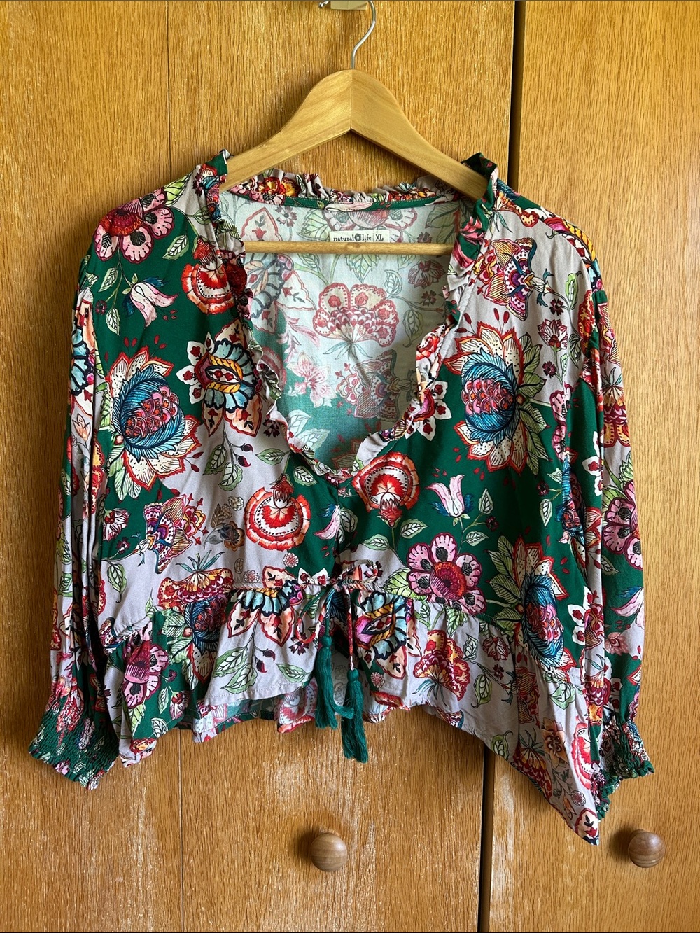 Natural Life Boho Floral Tie-Front Women’s Crop Blouse